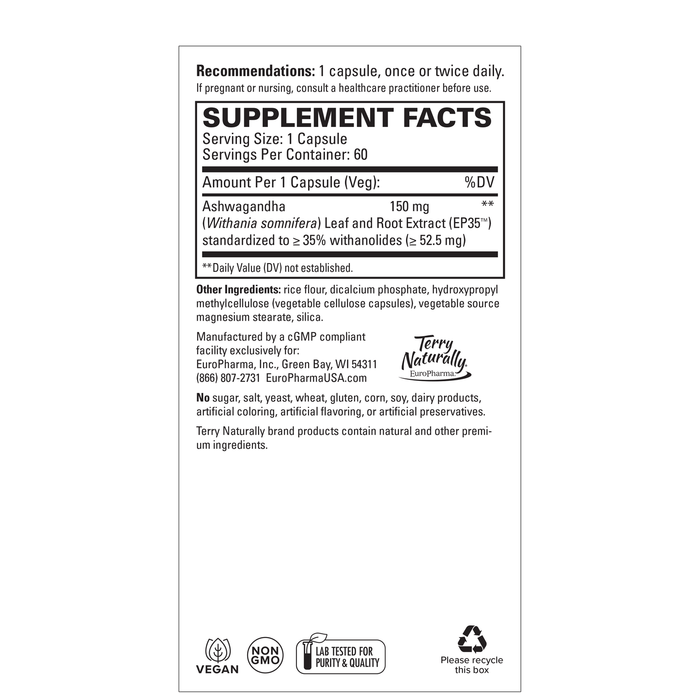 Terry Naturally Ashwagandha EP35 Extra Strength 60 Capsules