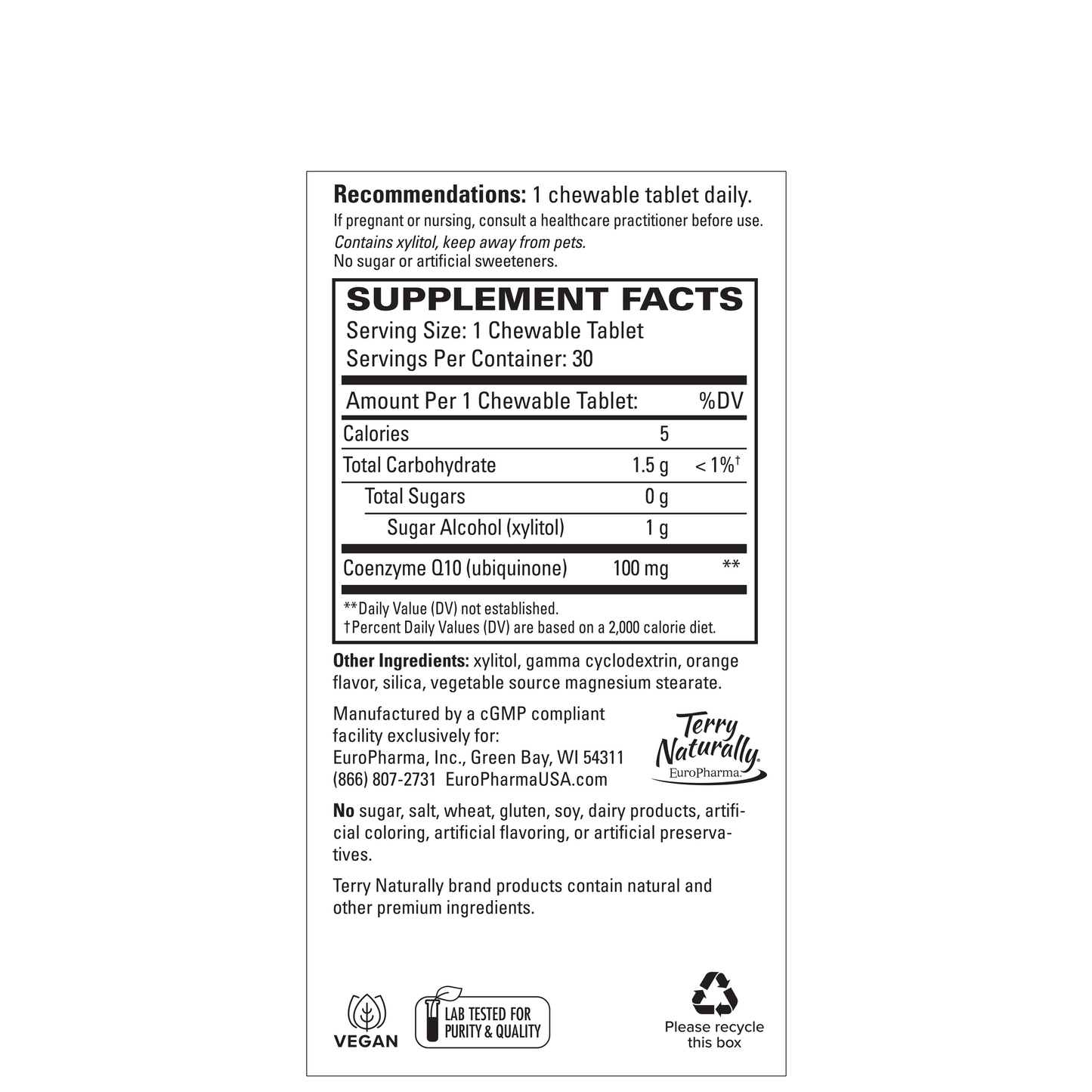 Terry Naturally CoQ10 30 Chewable Tablets