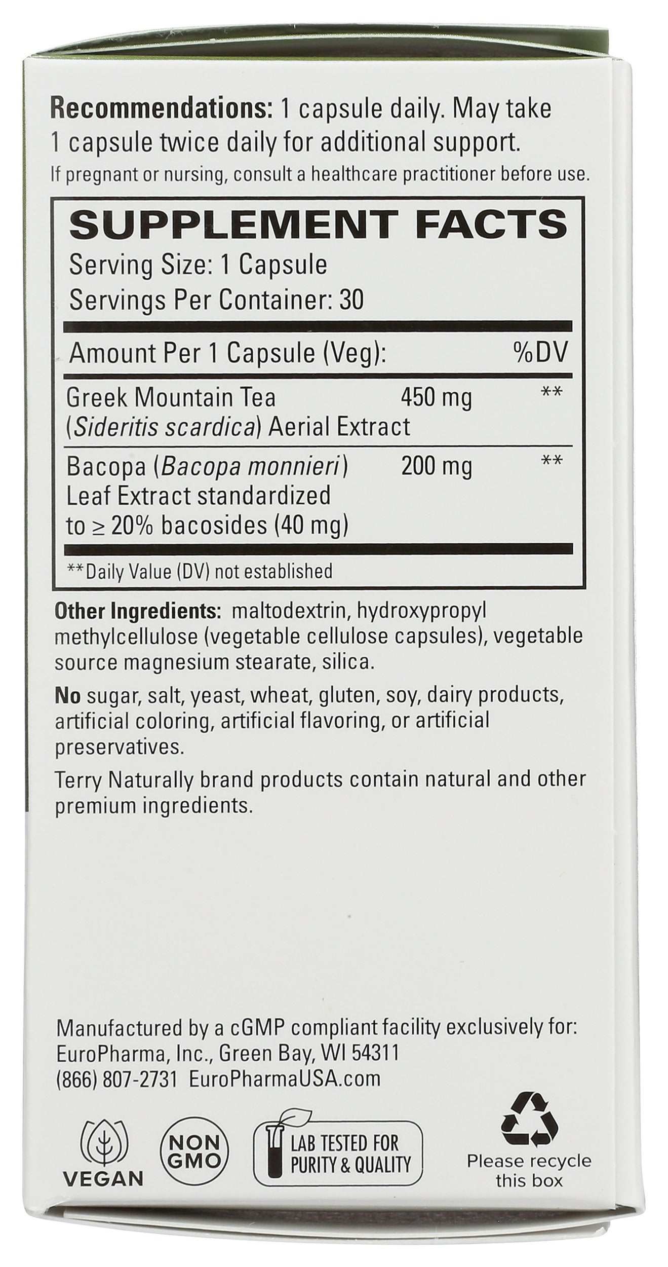 Terry Naturally GMT23 Greek Mountain Tea + Bacopa 30 Capsules