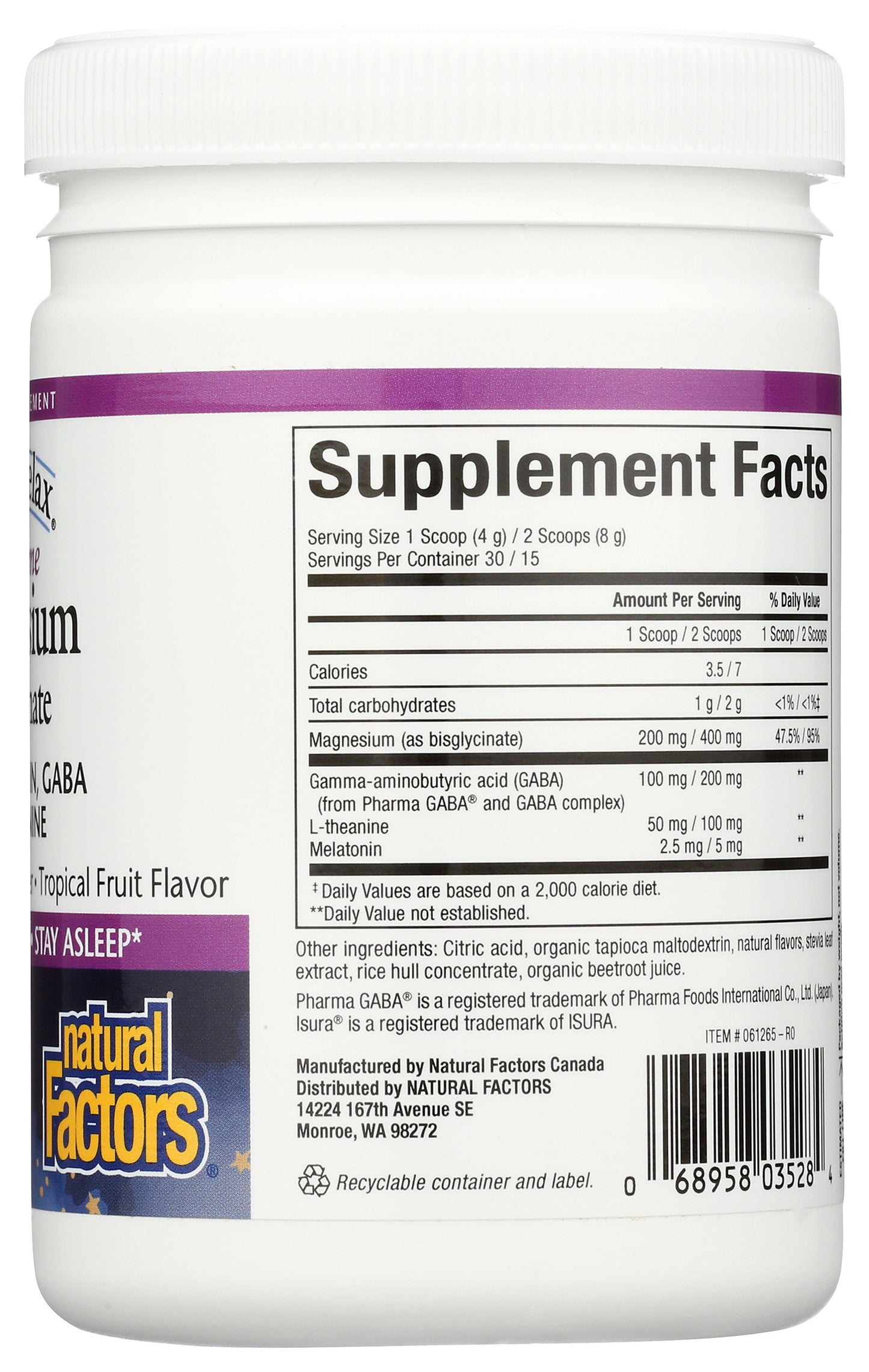 Natural Factors Nighttime Magnesium Bisglycinate with Melatonin, GABA, & L-Theanine 120g