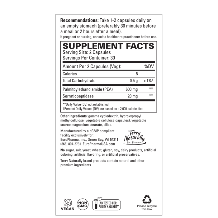 Terry Naturally PEA Healthy Inflammation Response w/ Serratiopeptidase 60ct