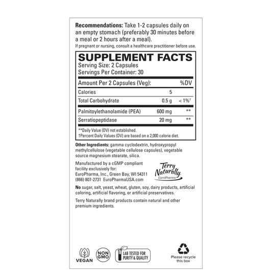 Terry Naturally PEA Healthy Inflammation Response w/ Serratiopeptidase 60ct