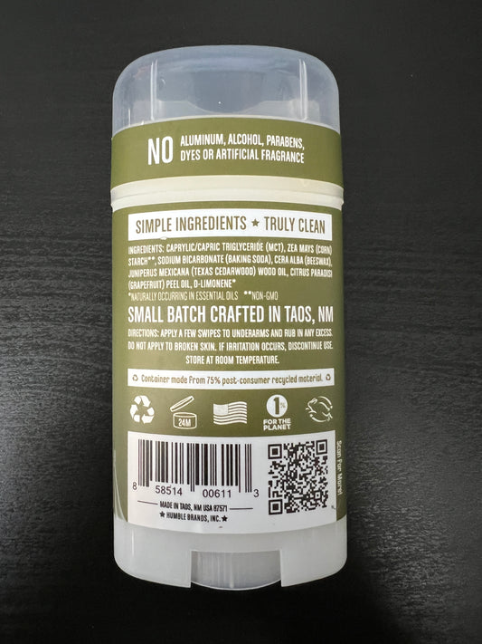 Humble All Natural Deodorant Texas Cedarwood & Grapefruit 2.5oz Back