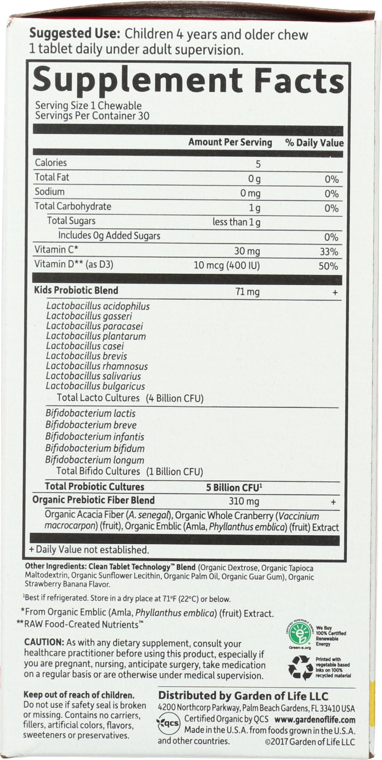 Garden of Life Organic Kids+ Probiotics 30 Chewables Back of Box