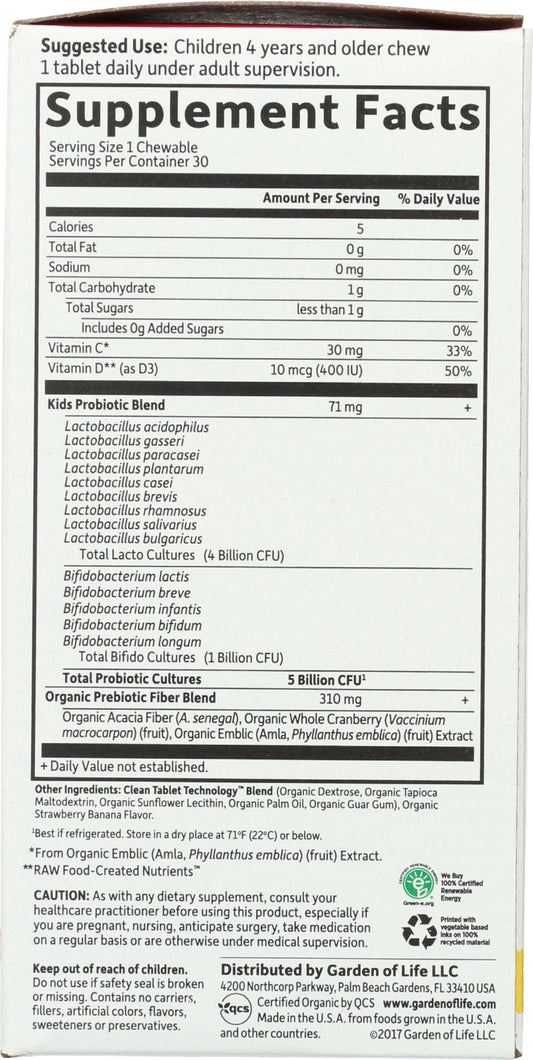 Garden of Life Organic Kids+ Probiotics 30 Chewables Back of Box