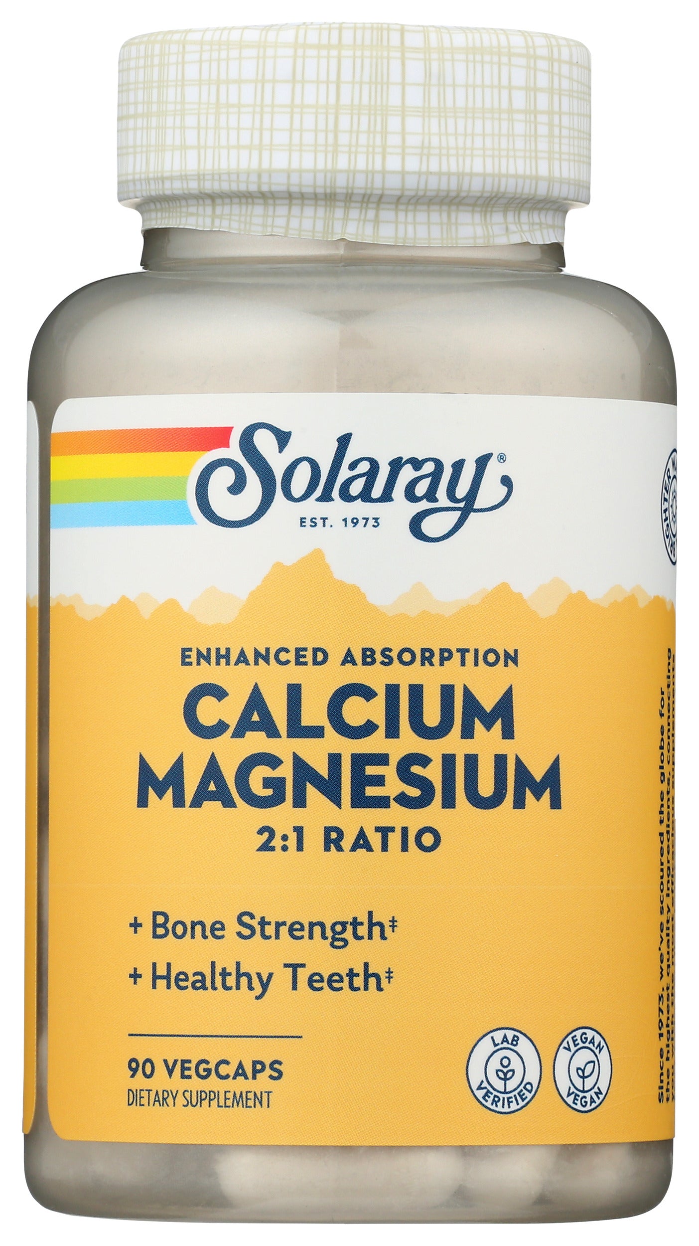 Solaray Enhanced Absorption Calcium Magnesium 90 VegCaps Front of Bottle