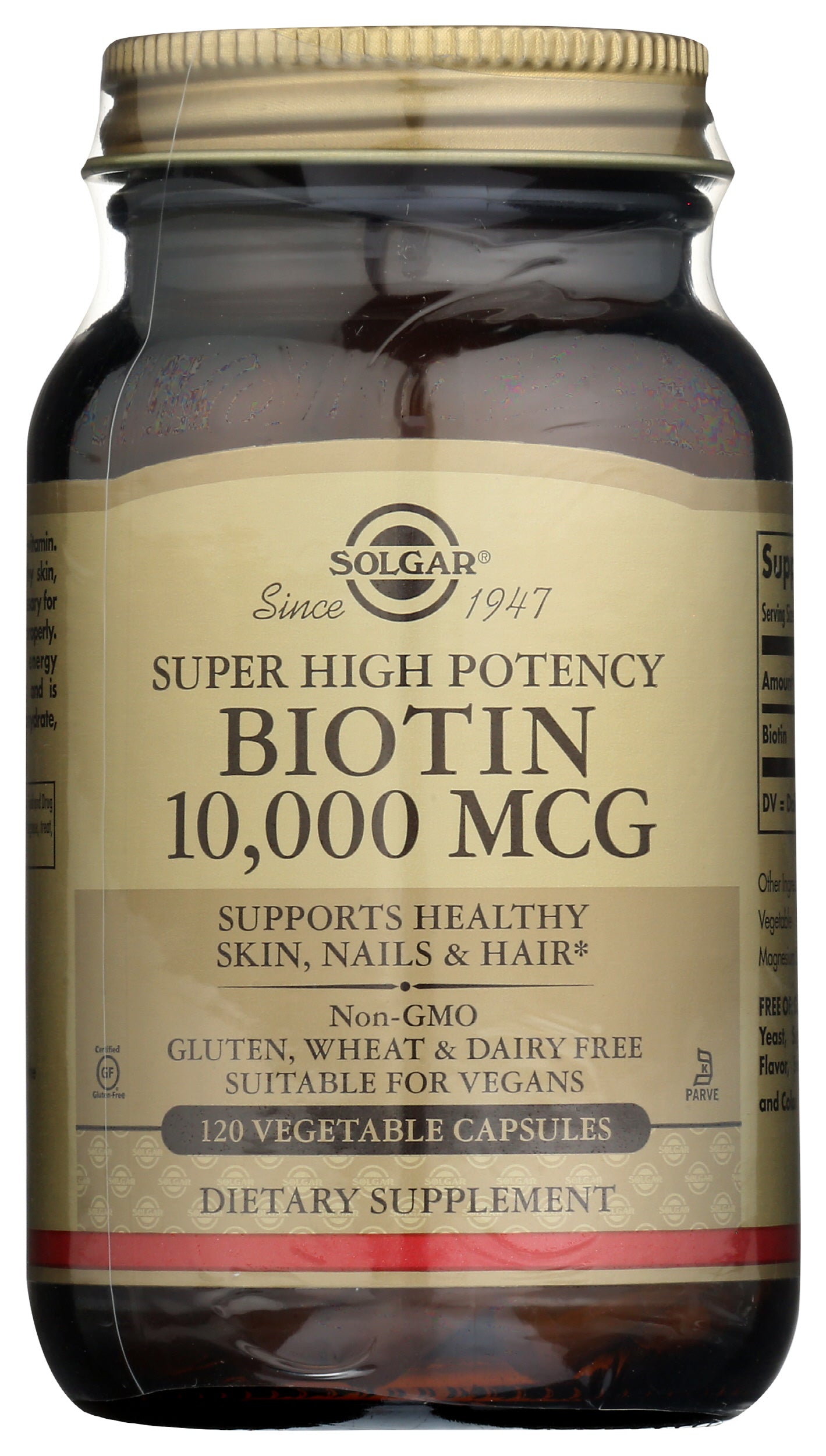 Solgar Biotin 10,000 mcg 120 Capsules Front of Bottle