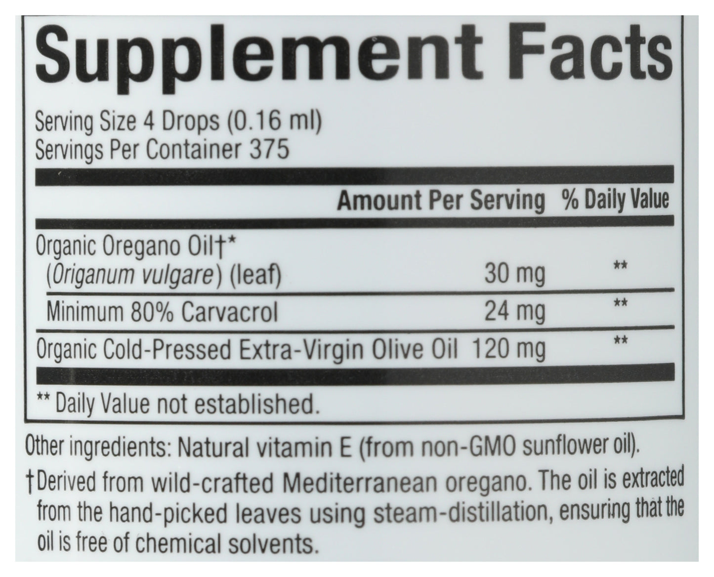 Natural Factors Oil of Oregano 2 fl oz Back of Bottle