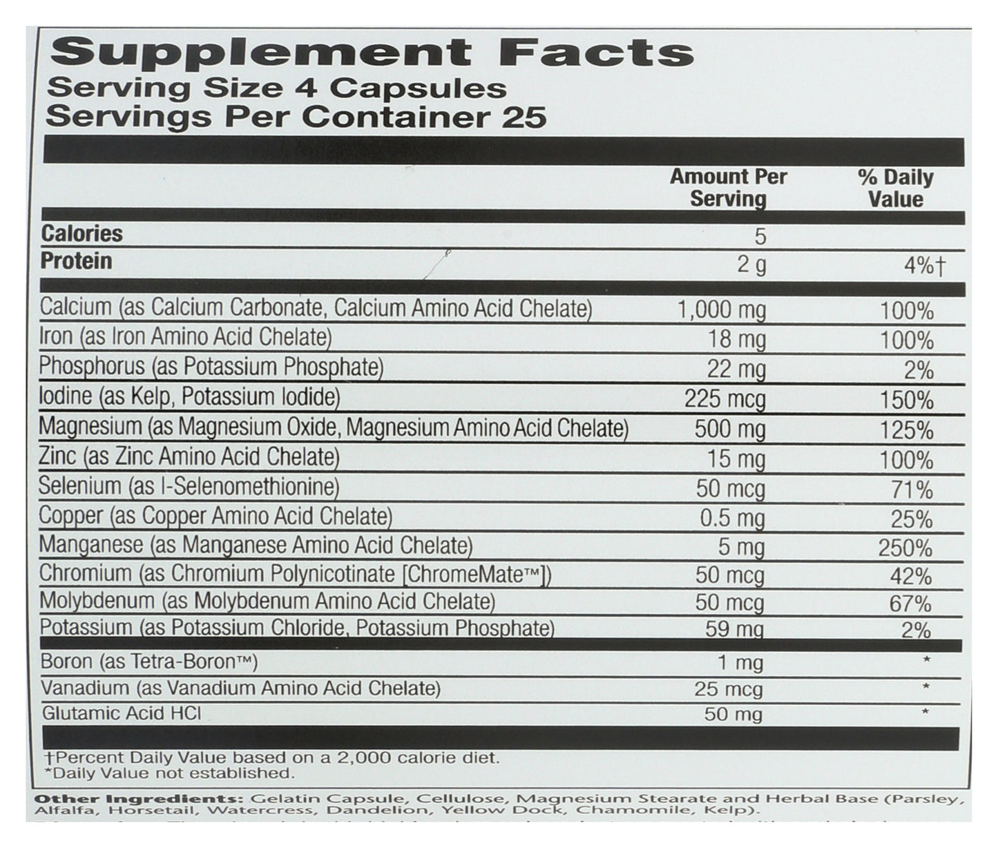 Solaray Mega Multi Mineral 100 Capsules Back of Bottle