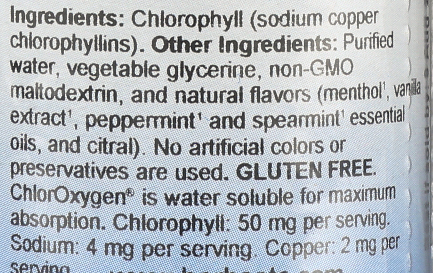 Herbs Etc. ChlorOxygen Mint Flavor 2 Fl. Oz. Back of Bottle