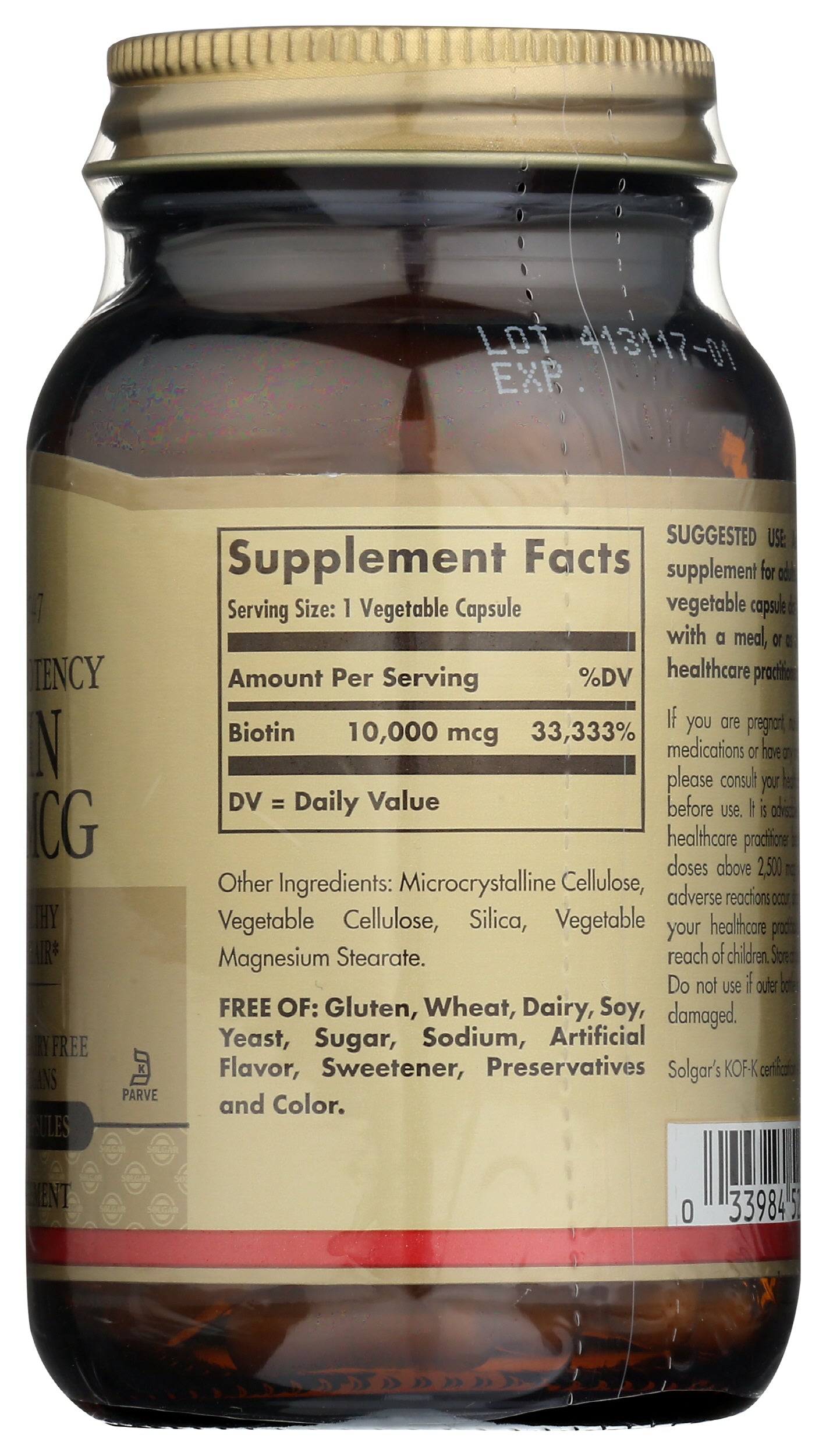 Solgar Biotin 10,000 mcg 120 Capsules Back of Bottle