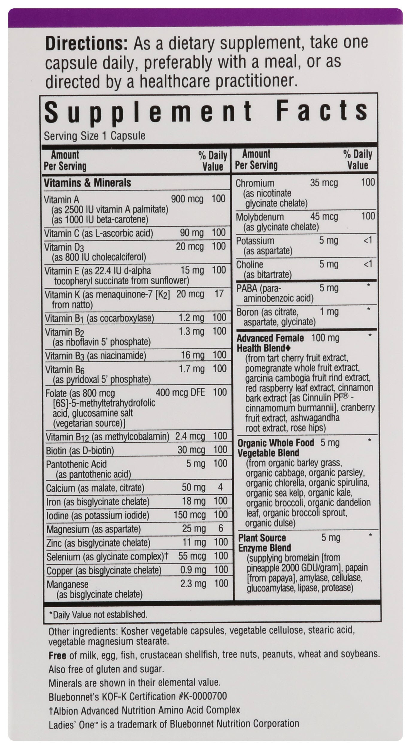 Bluebonnet Ladies' One 30 Vegetable Capsules Back of Box