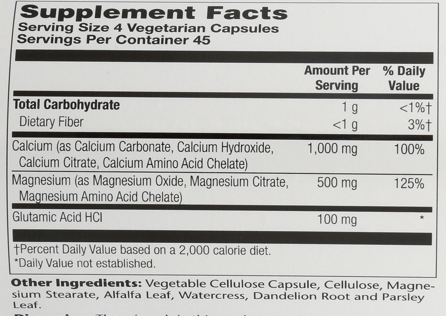 Solaray Enhanced Absorption Calcium Magnesium 180 VegCaps Back of Bottle