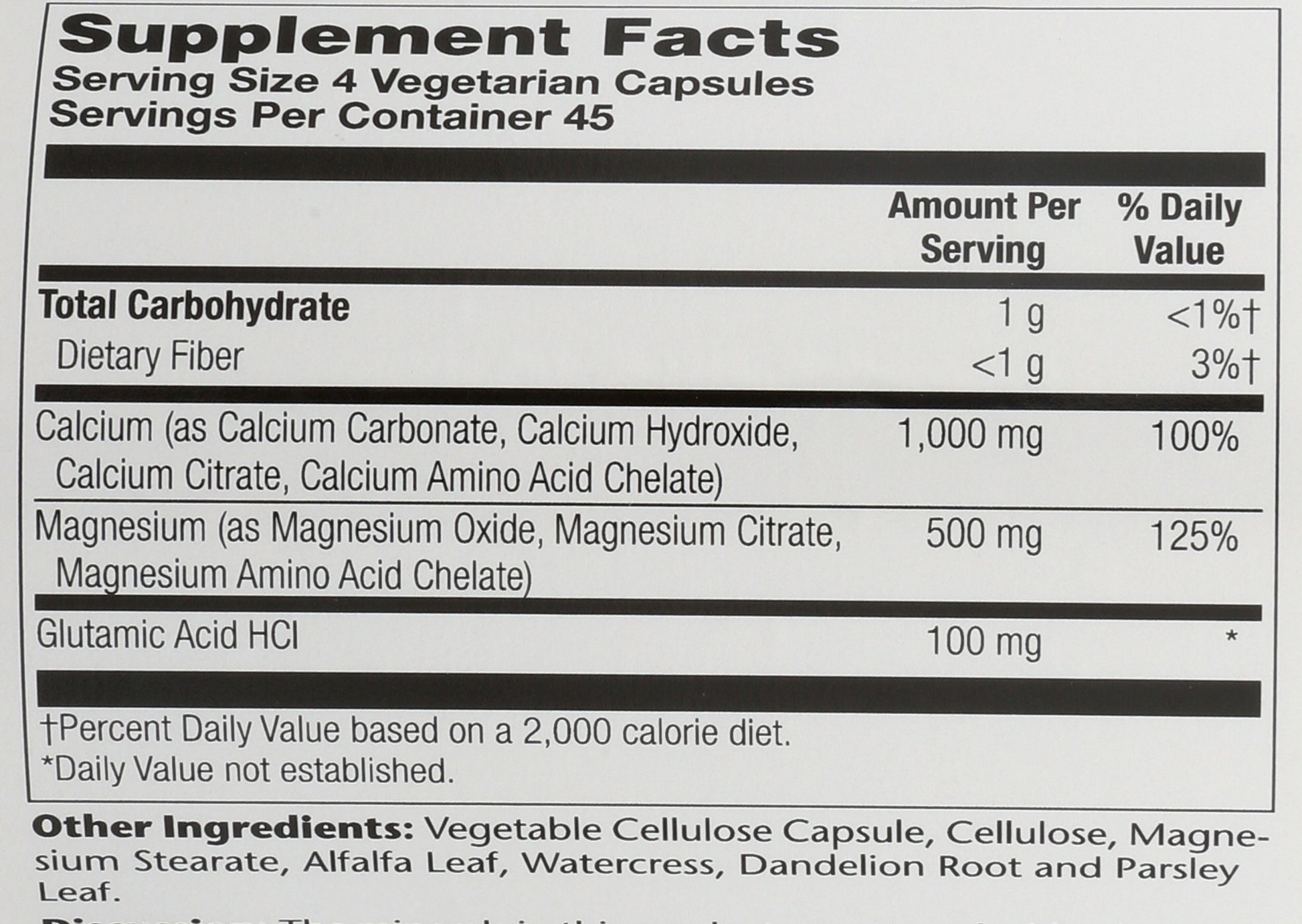 Solaray Enhanced Absorption Calcium Magnesium 180 VegCaps Back of Bottle