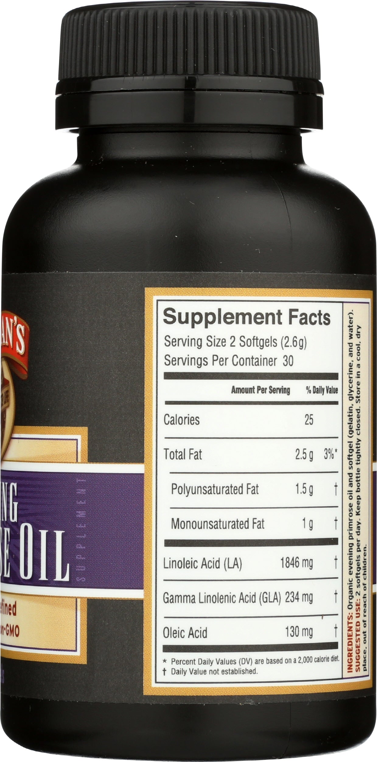 Barlean's Evening Primrose Oil 60 Softgels Back