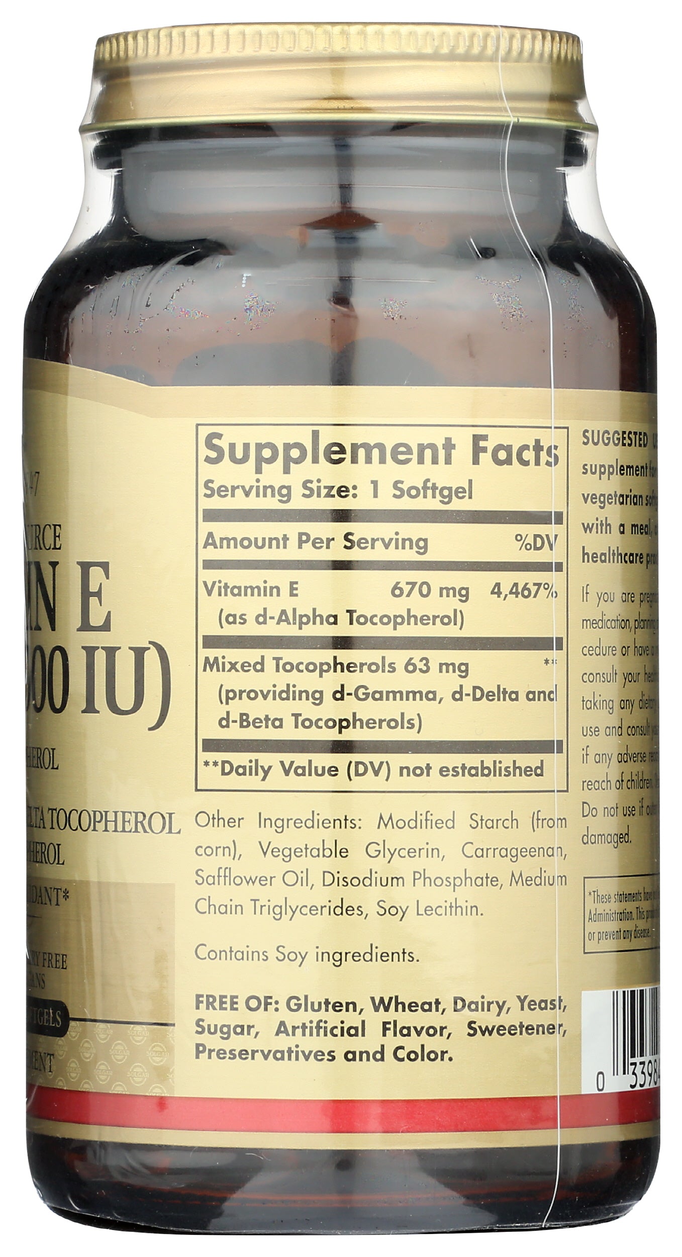 Solgar Vitamin E 670mg 100 Vegan Softgels Back of Bottle