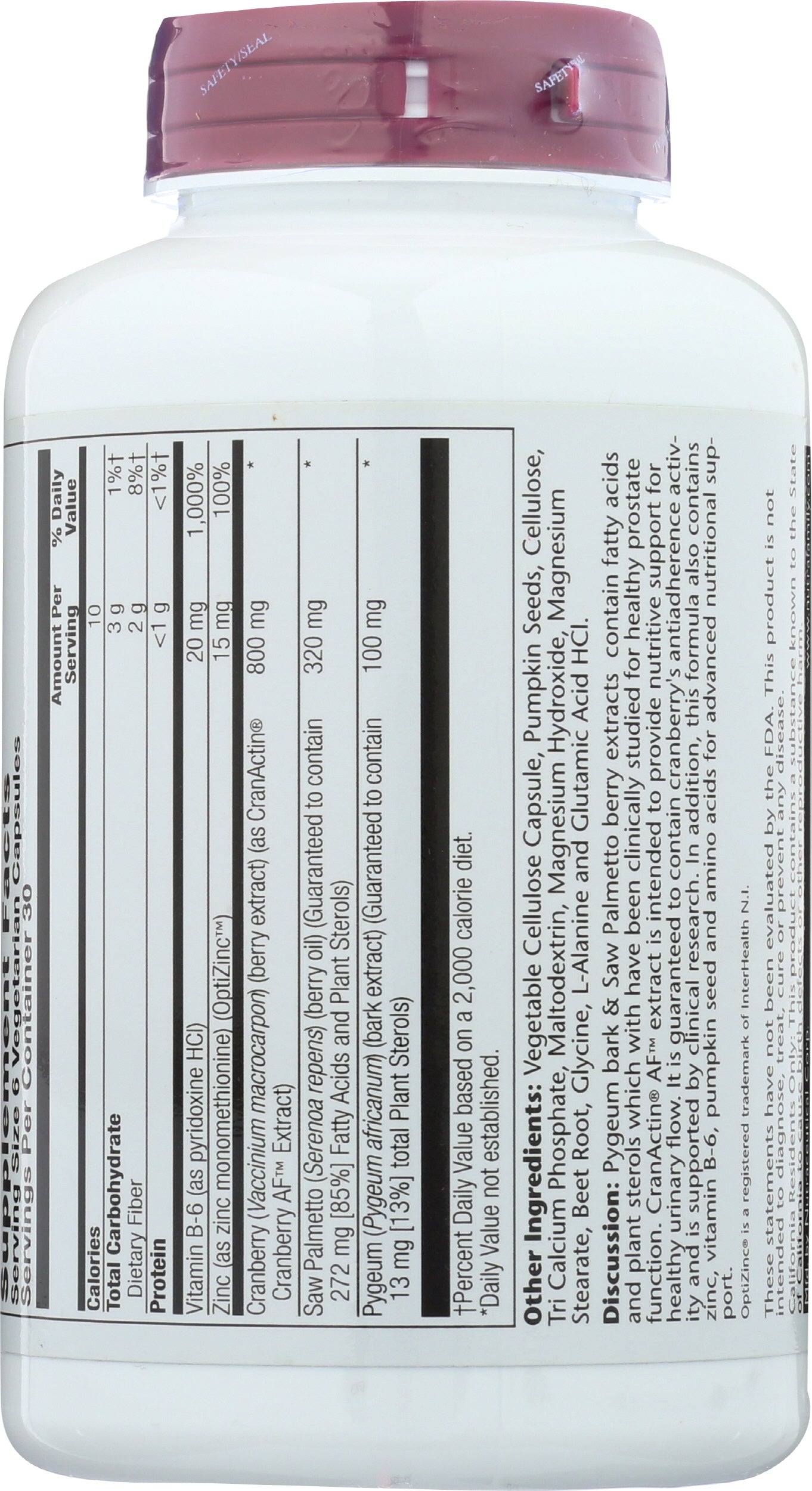 Solaray Pygeum & Saw Palmetto with CranActin 180 VegCaps Back of Bottle