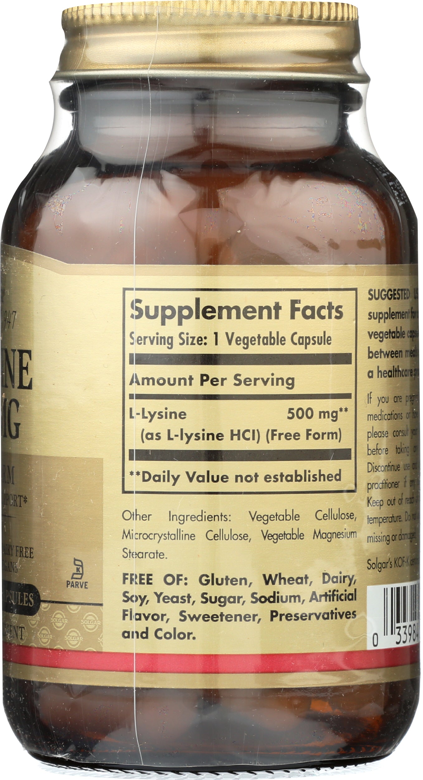 Solgar L-Lysine 500 mg 50 Vegetable Capsules Back