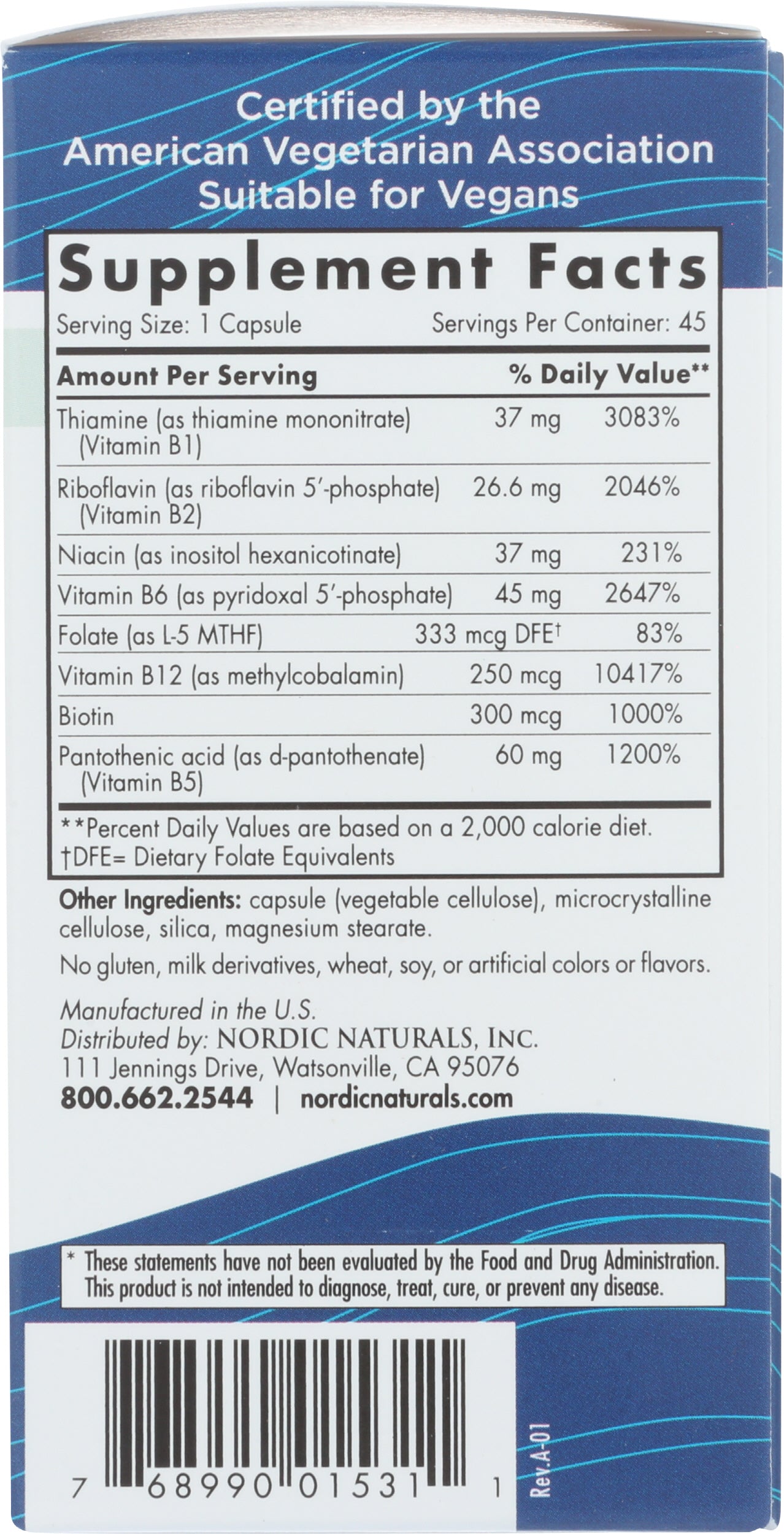 Nordic Naturals Vitamin B Complex 45 Capsules Back of Box