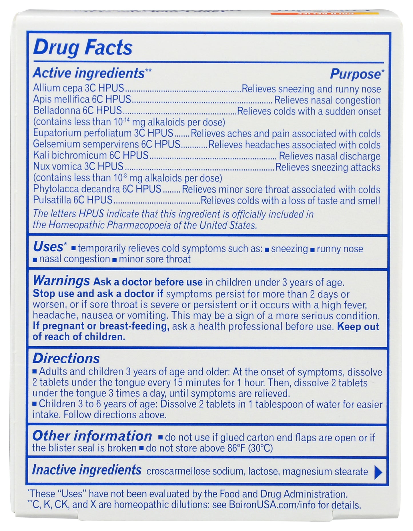 Boiron ColdCalm 60 Tablets Back