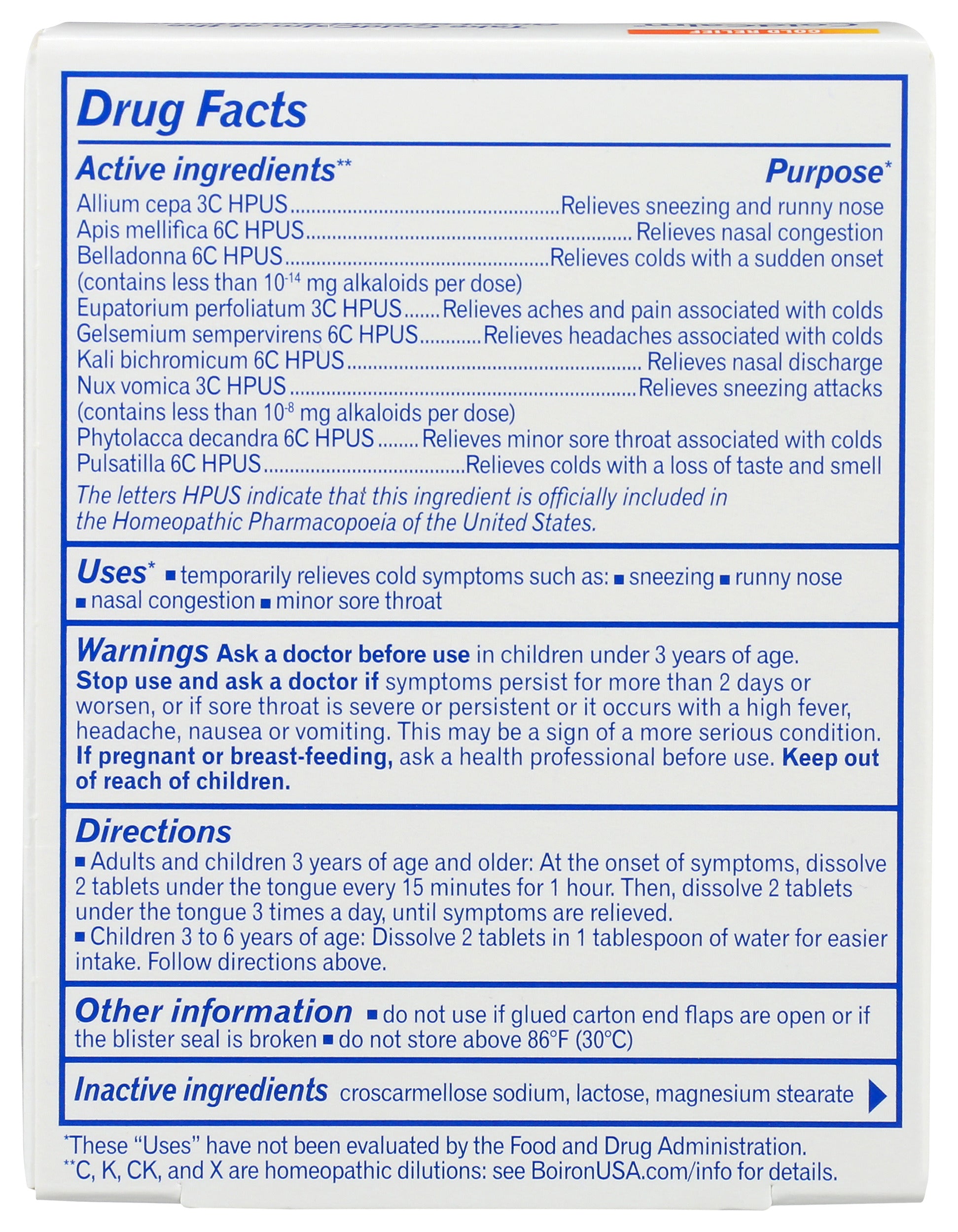 Boiron ColdCalm 60 Tablets Back
