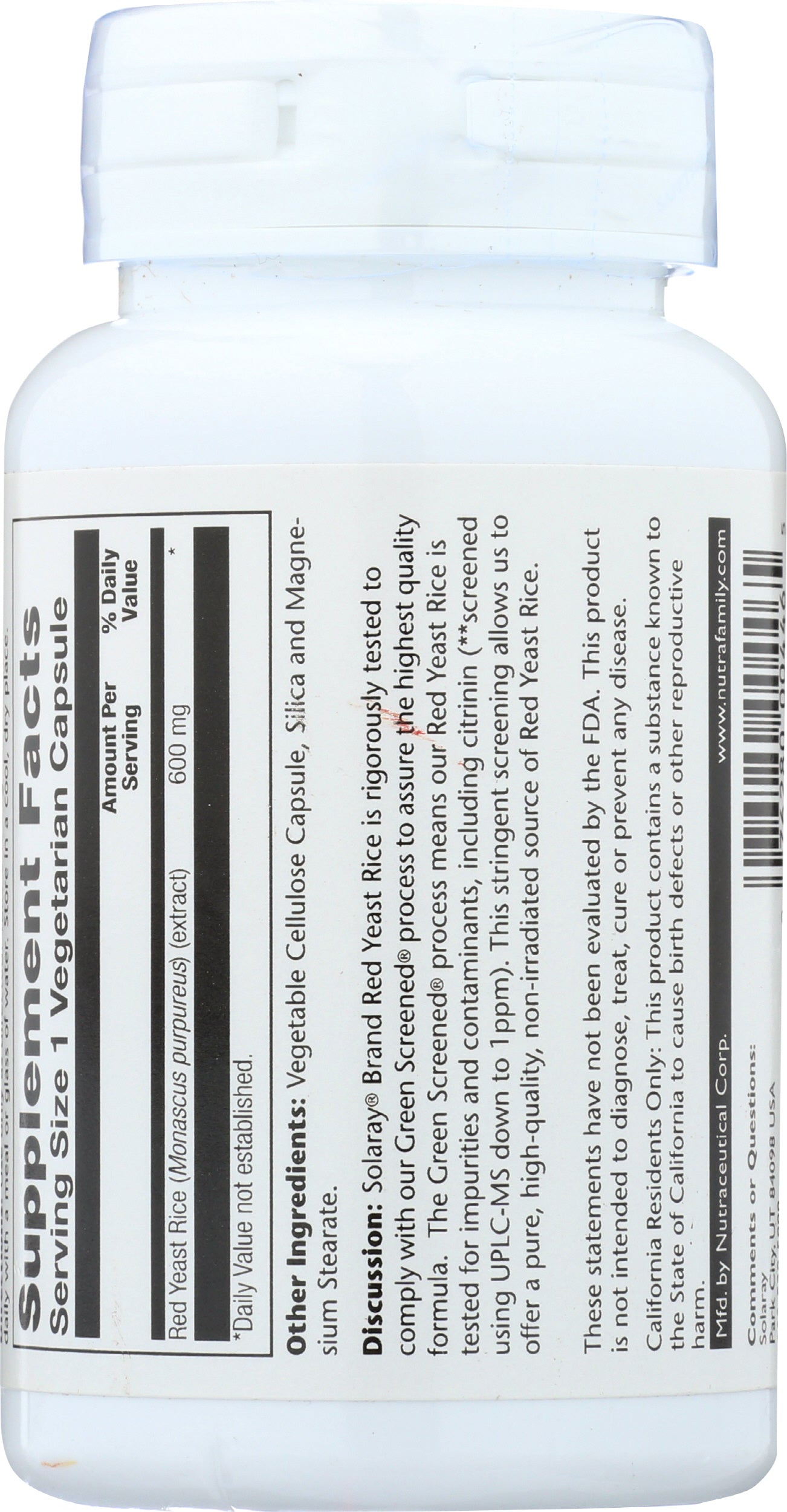 Solaray Red Yeast Rice 600 mg 45 VegCaps Back