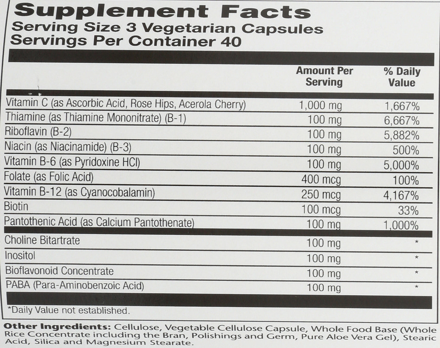 Solaray Timed Release Mega B-Stress 120 VegCaps Back of Bottle