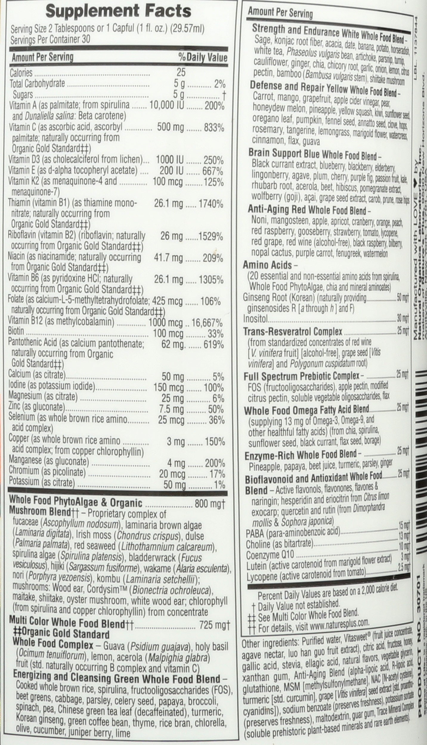 Natures Plus Source of Life Gold Liquid Tropical Fruit 30 fl oz Back of Bottle