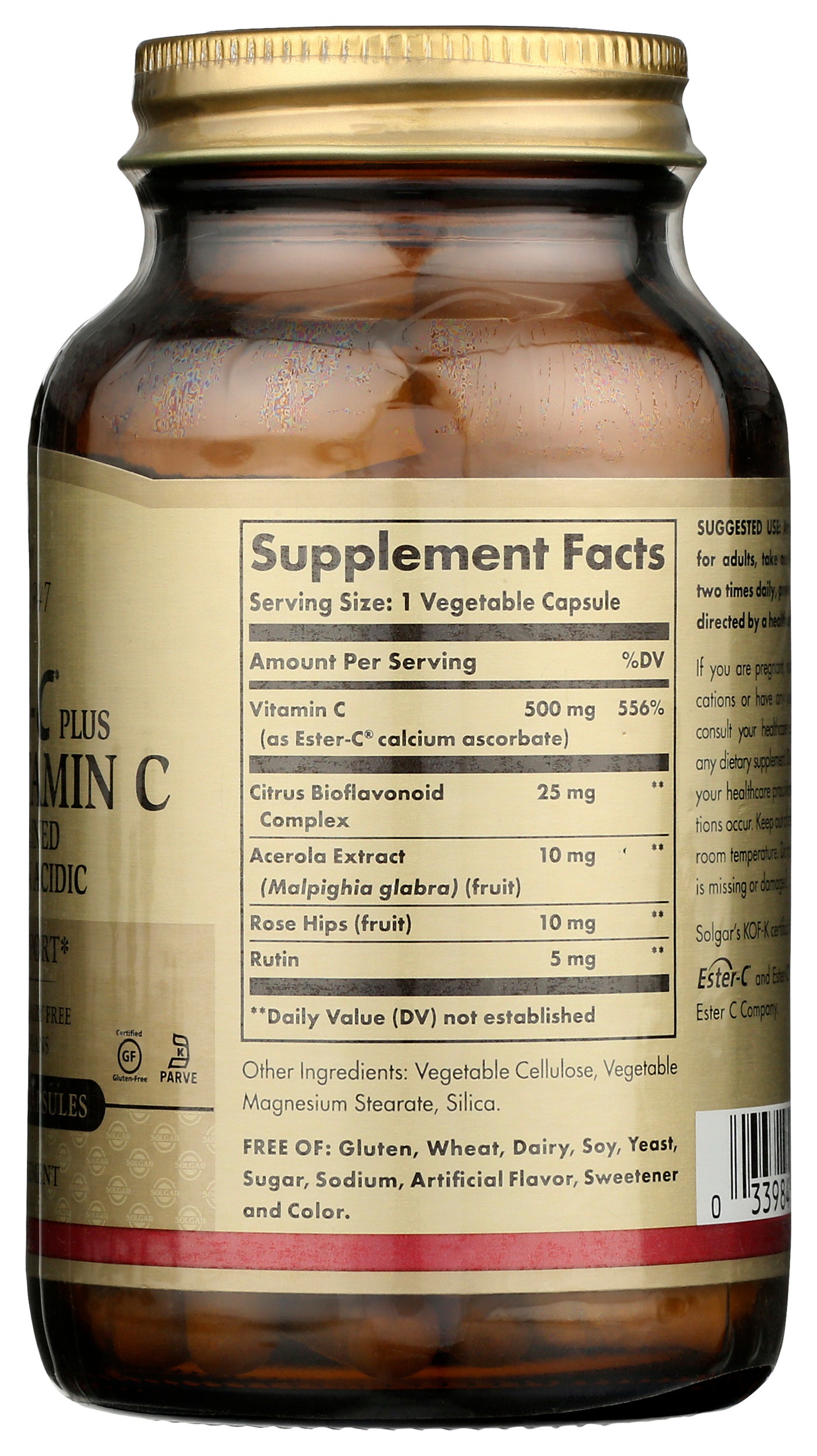 Solgar Ester-C Plus 500 mg Vitamin C 100 Vegetable Capsules Back of Bottle
