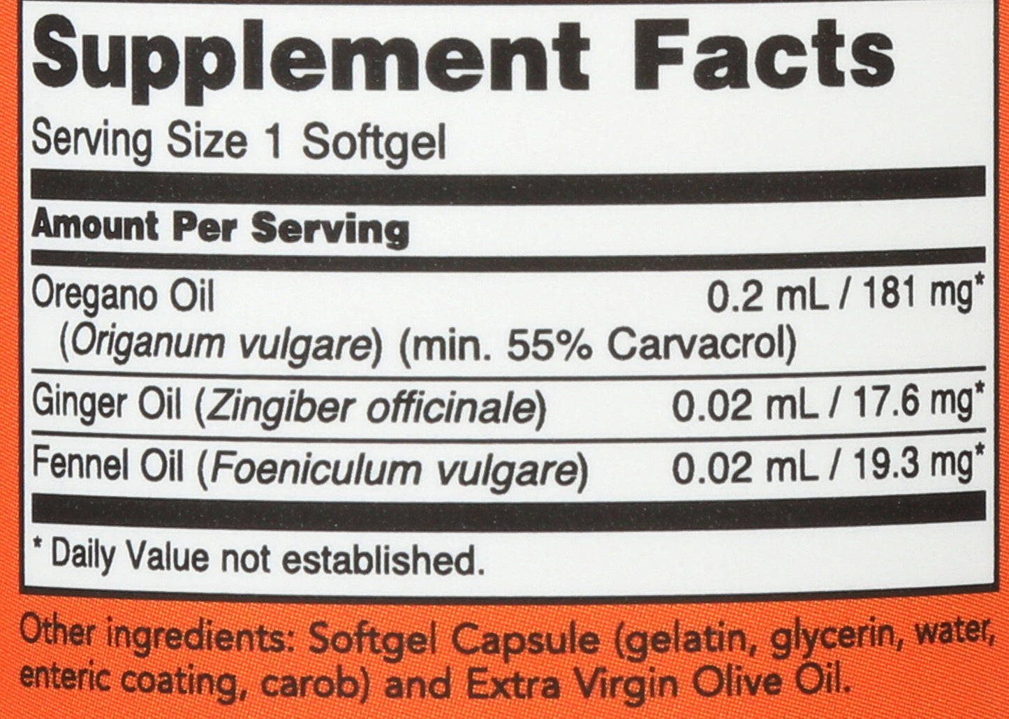 Now Foods Oregano Oil 90 Softgels Back of Bottle