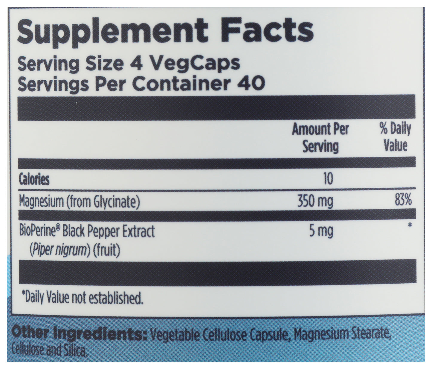 KAL Magnesium Glycinate 350 160 VegCaps Back of Bottle