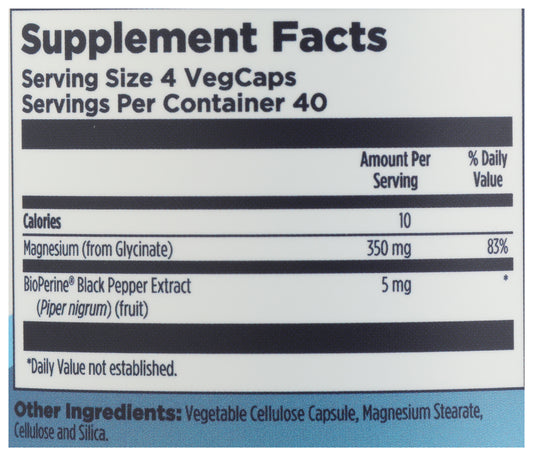 KAL Magnesium Glycinate 350 160 VegCaps Back of Bottle