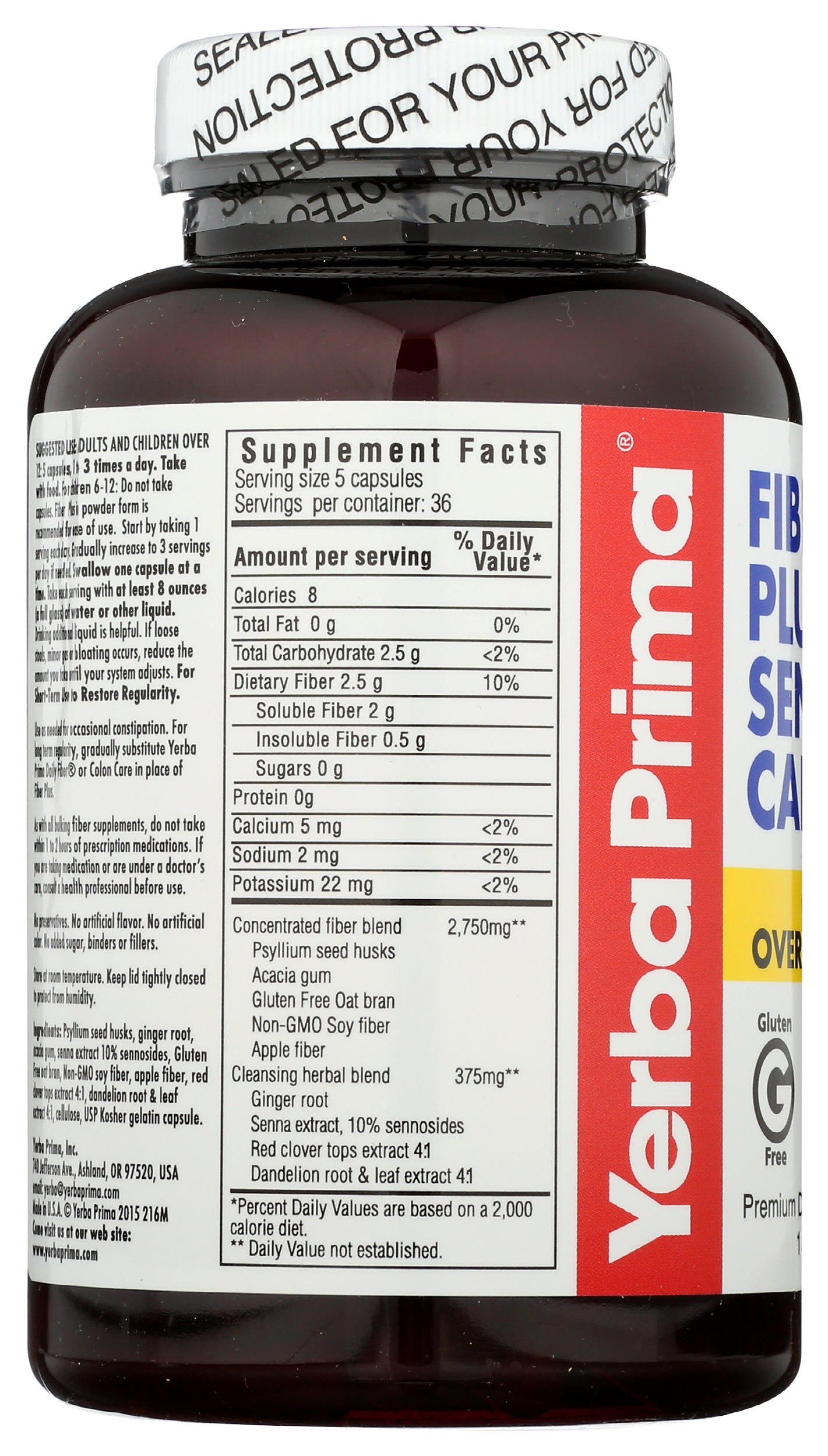 Yerba Prima Fiber Plus Senna 180 Capsules Back