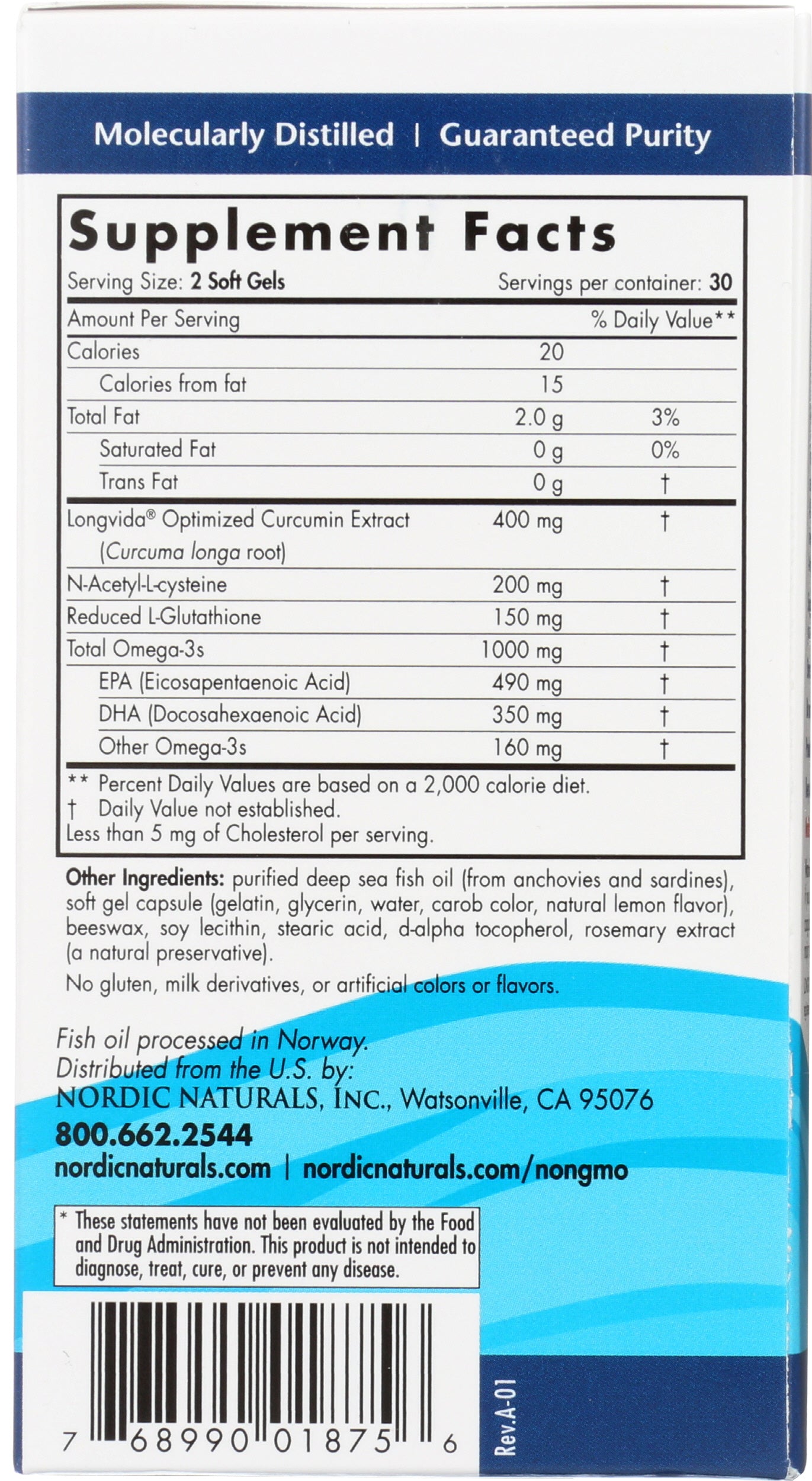 Nordic Naturals Omega Curcumin 60 Soft Gels Back of Box