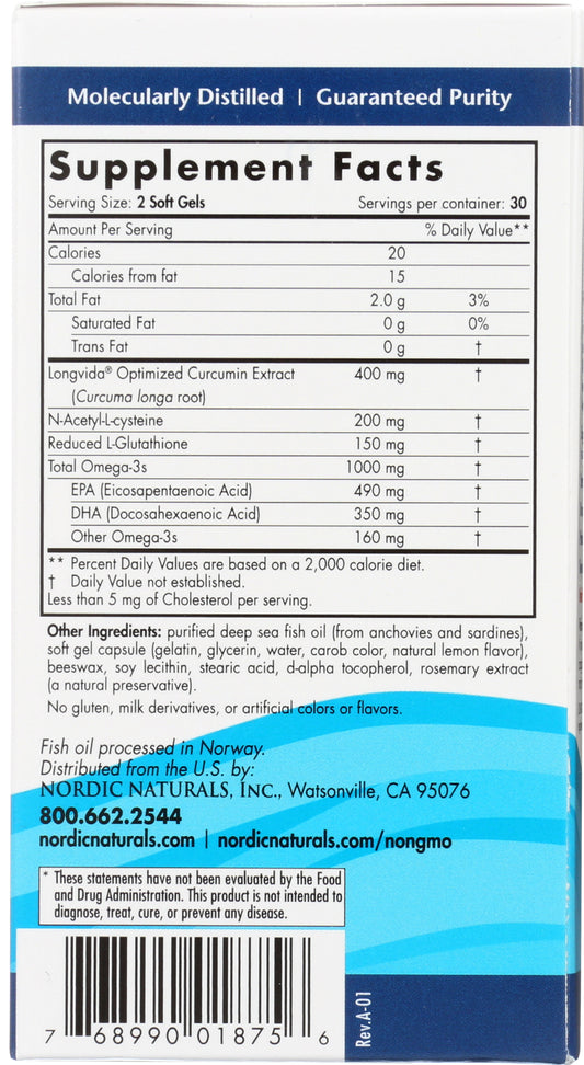 Nordic Naturals Omega Curcumin 60 Soft Gels Back of Box