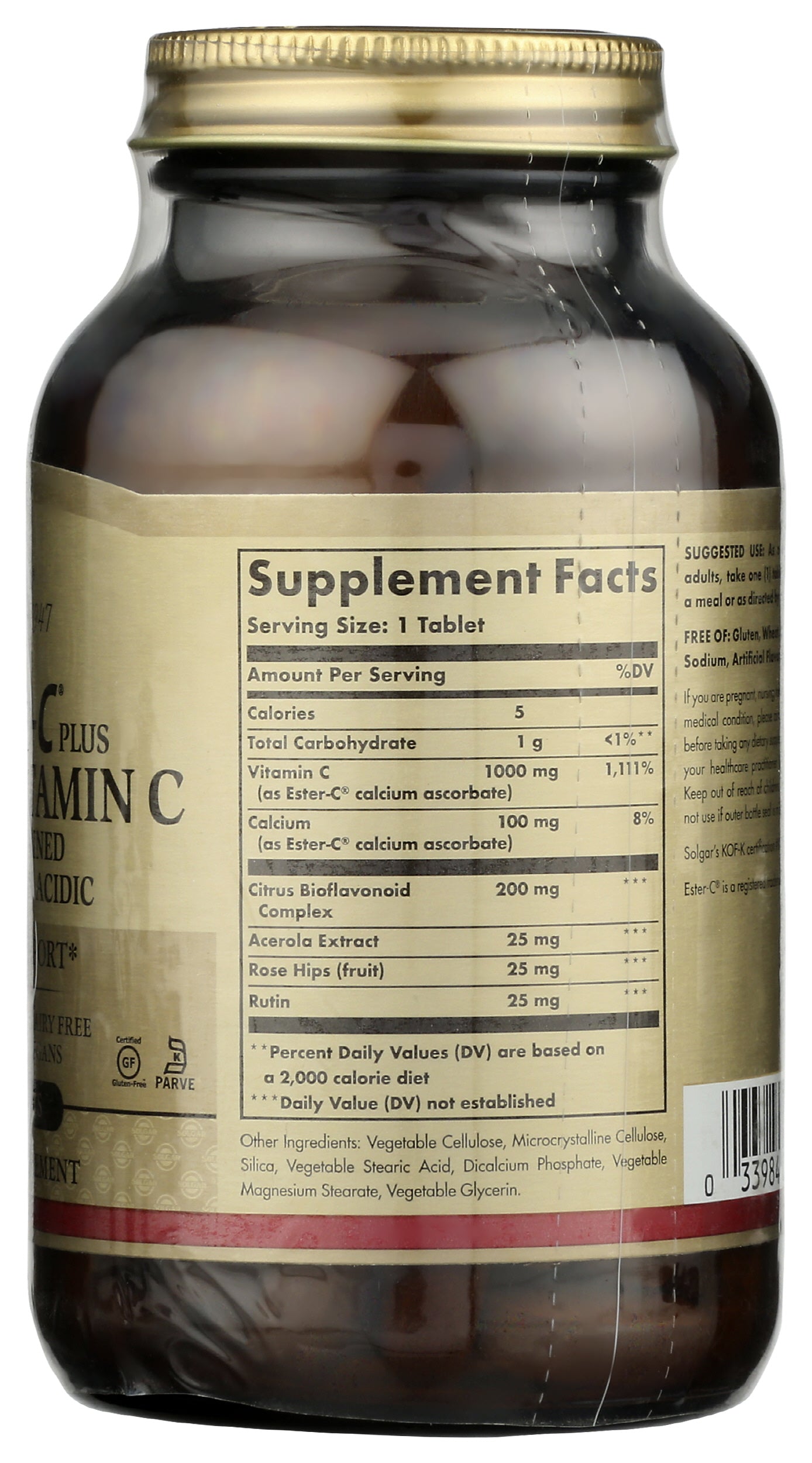 Solgar Ester-C Plus 1000 mg Vitamin C 90 Tablets Back of Bottle