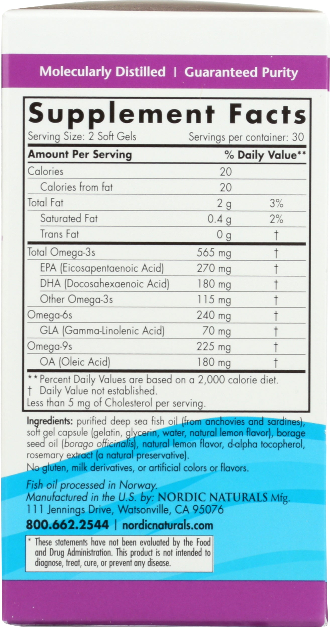 Nordic Naturals Complete Omega 565 mg + 70 mg GLA 60 Soft Gels Back of Box