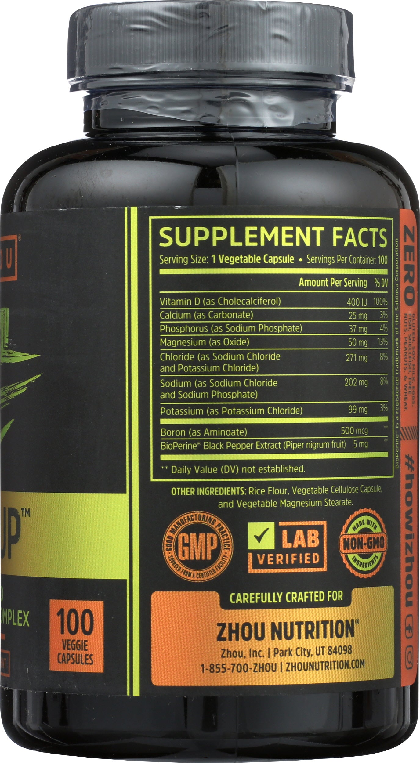 Zhou Lyte Up Advanced Electrolyte Complex 100 Veggie Capsules Back of Bottle