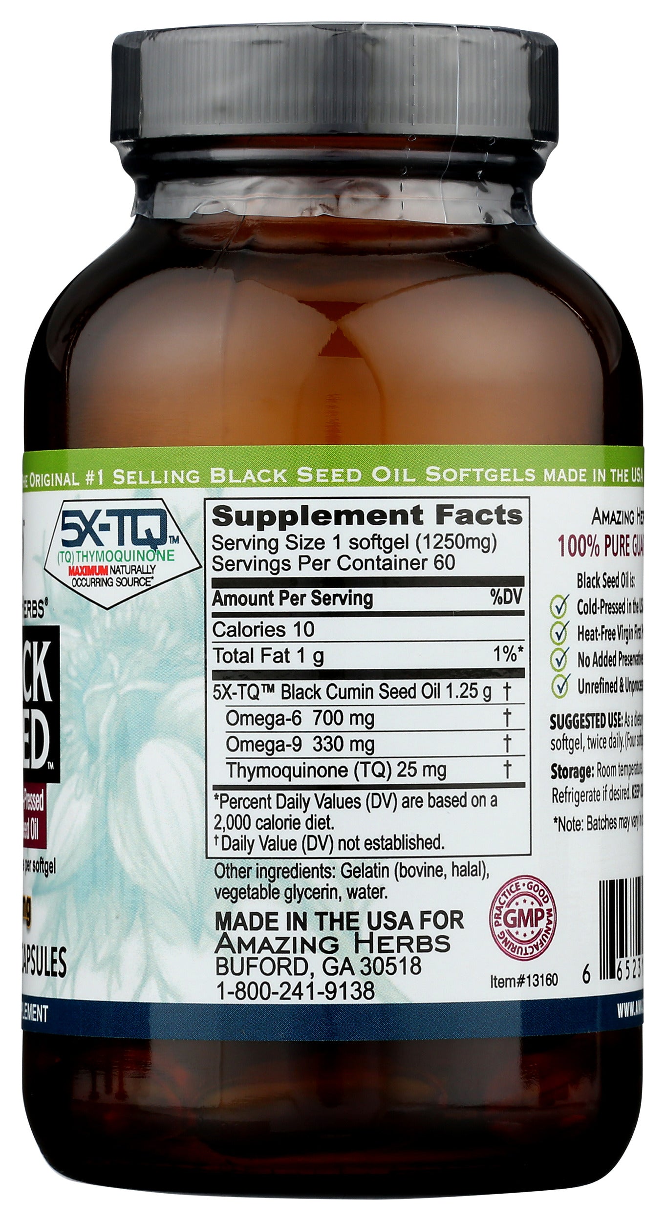 Amazing Herbs Black Seed Oil 1250mg 60 Softgel Capsules Back of Bottle