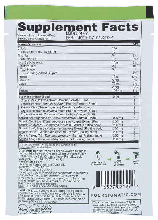 Four Sigmatic Plant-Based Protein Powder Creamy Cacao Flavor 40g Back of Packet