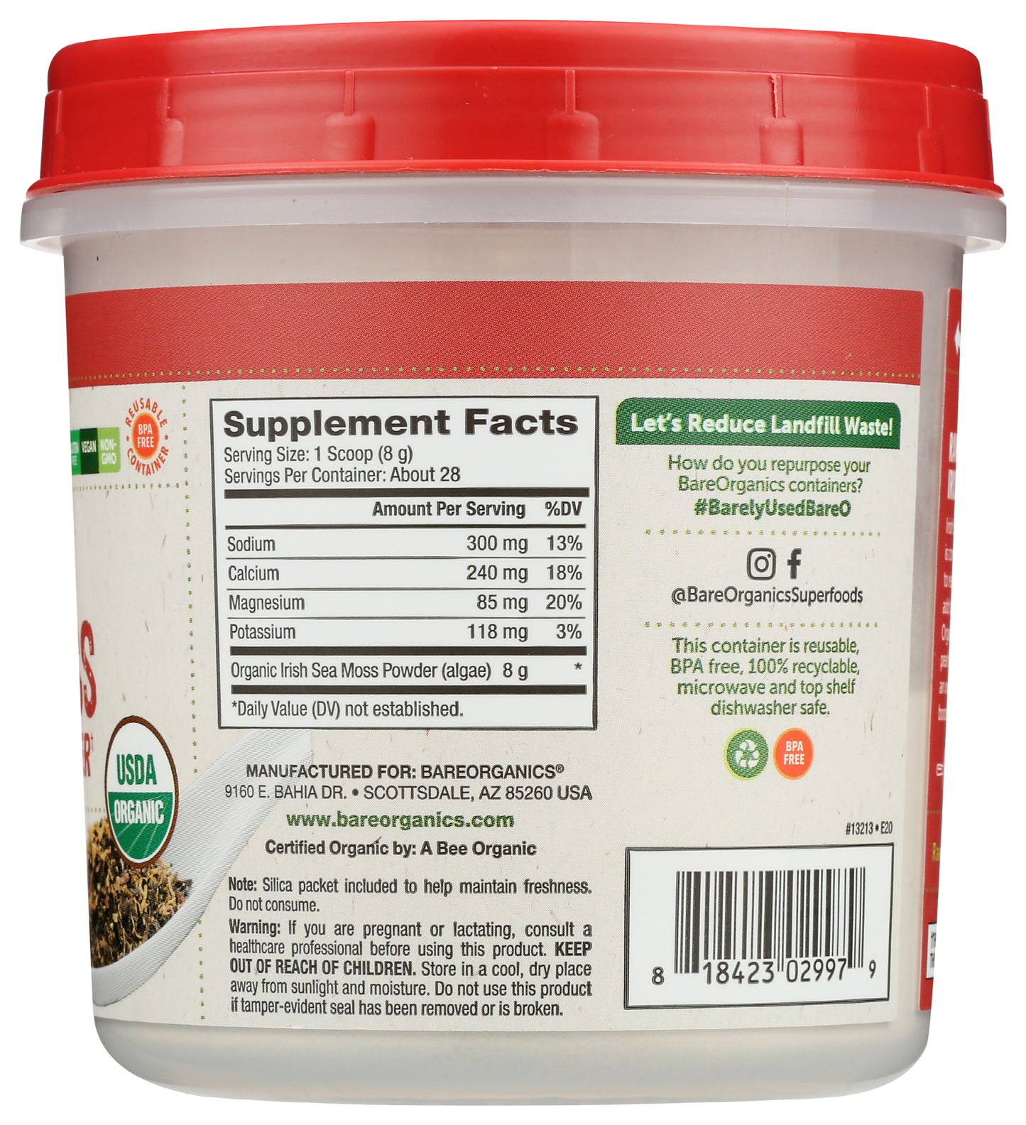 BareOrganics Raw Irish Sea Moss Immunity Powder 8oz Back of Bottle