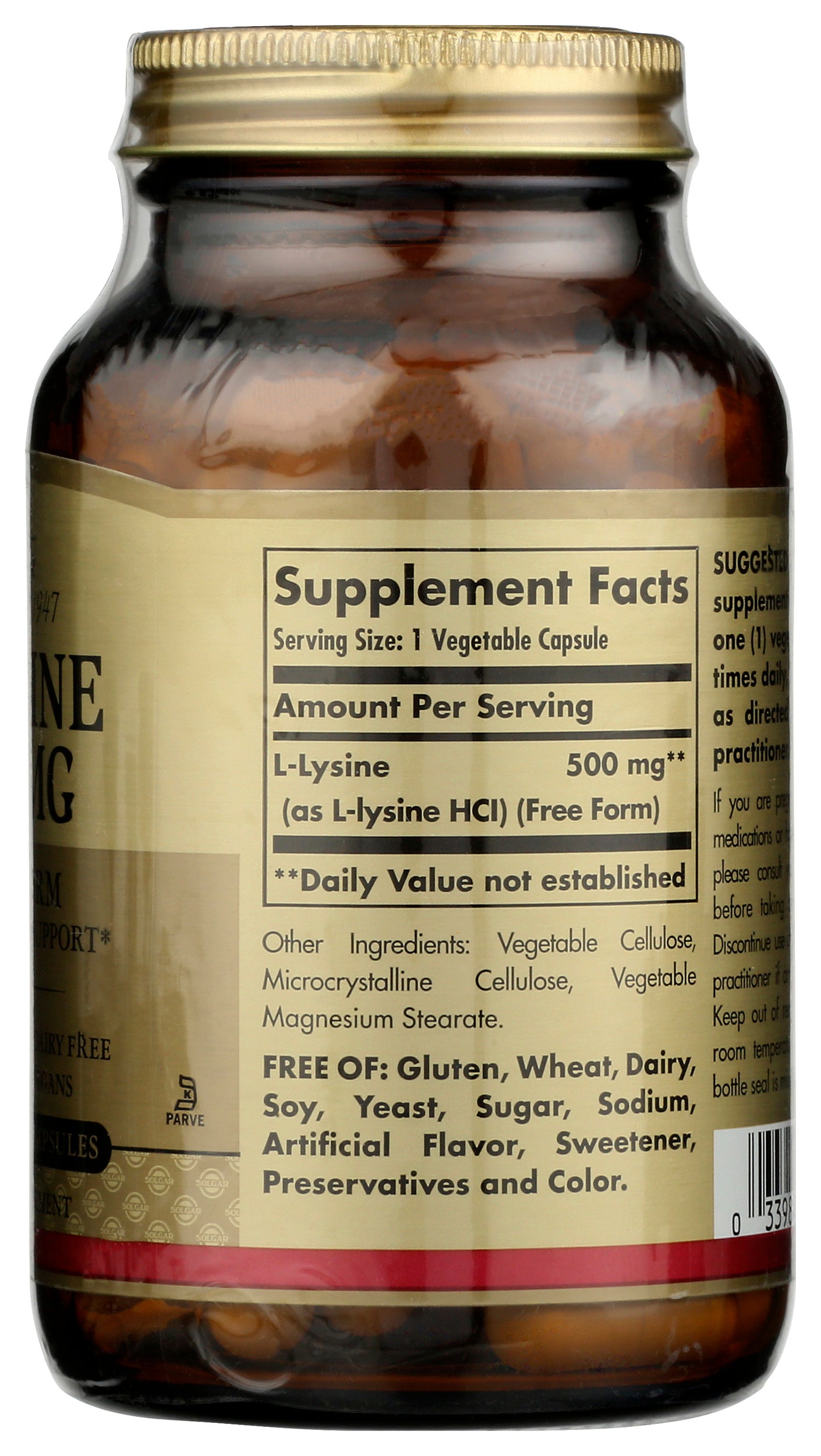 Solgar L-Lysine 500 mg 100 Vegetable Capsules Back