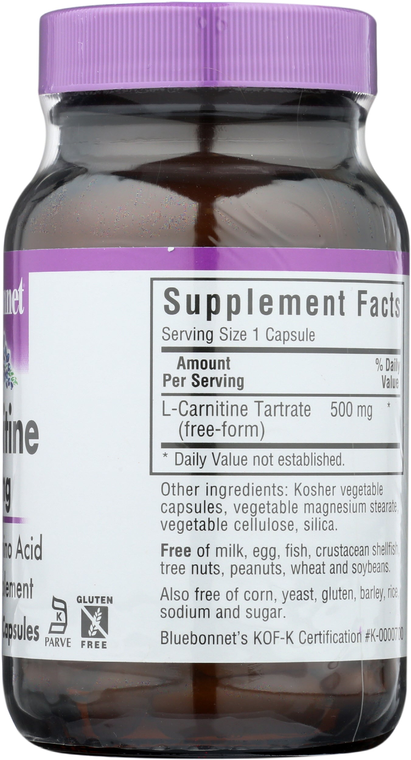 Bluebonnet L-Carnitine 500 mg 60 Vegetable Capsules Back