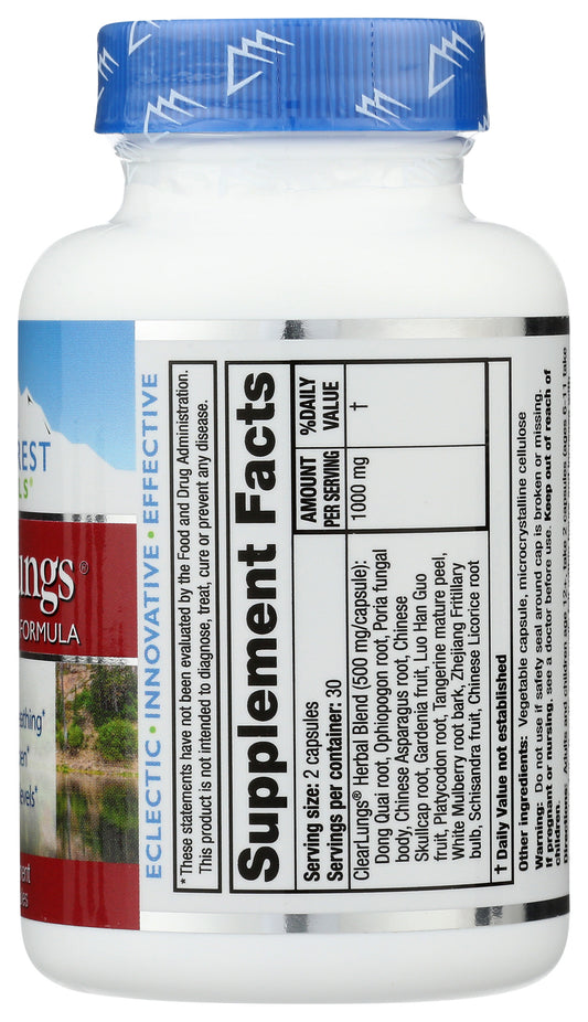 Ridgecrest Herbals ClearLungs 60 Vegan Capsules Back of Bottle