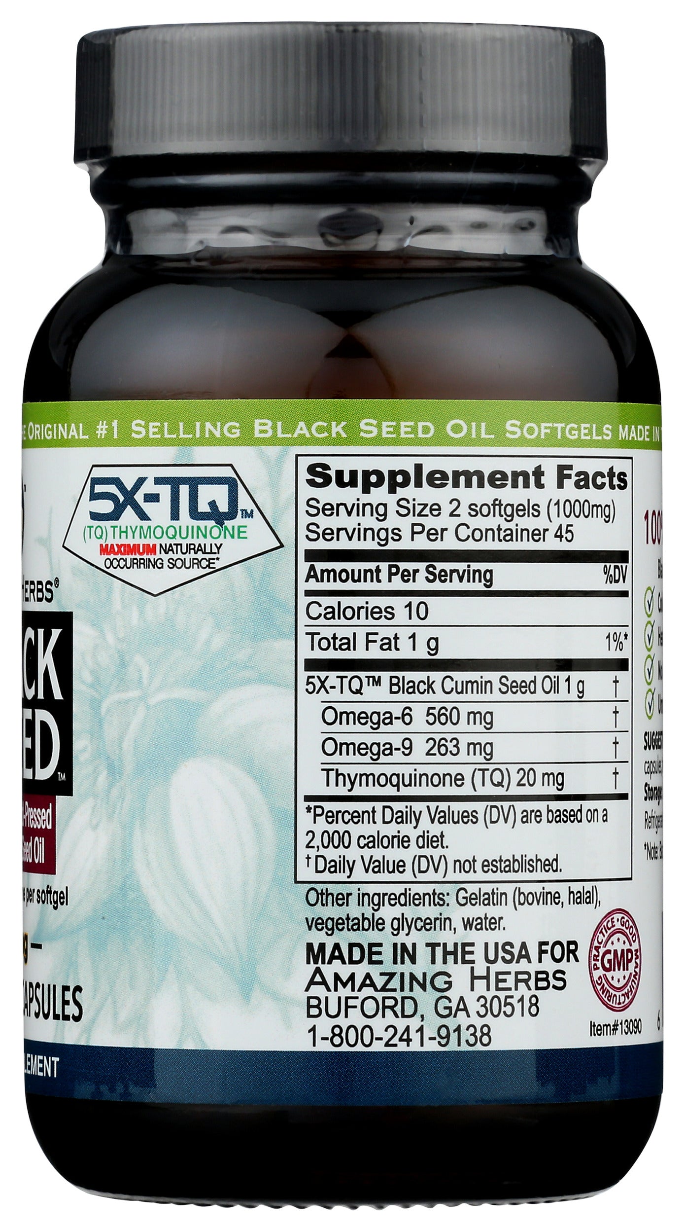 Amazing Herbs Black Seed Oil 500mg 90 Softgel Capsules Back of Bottle