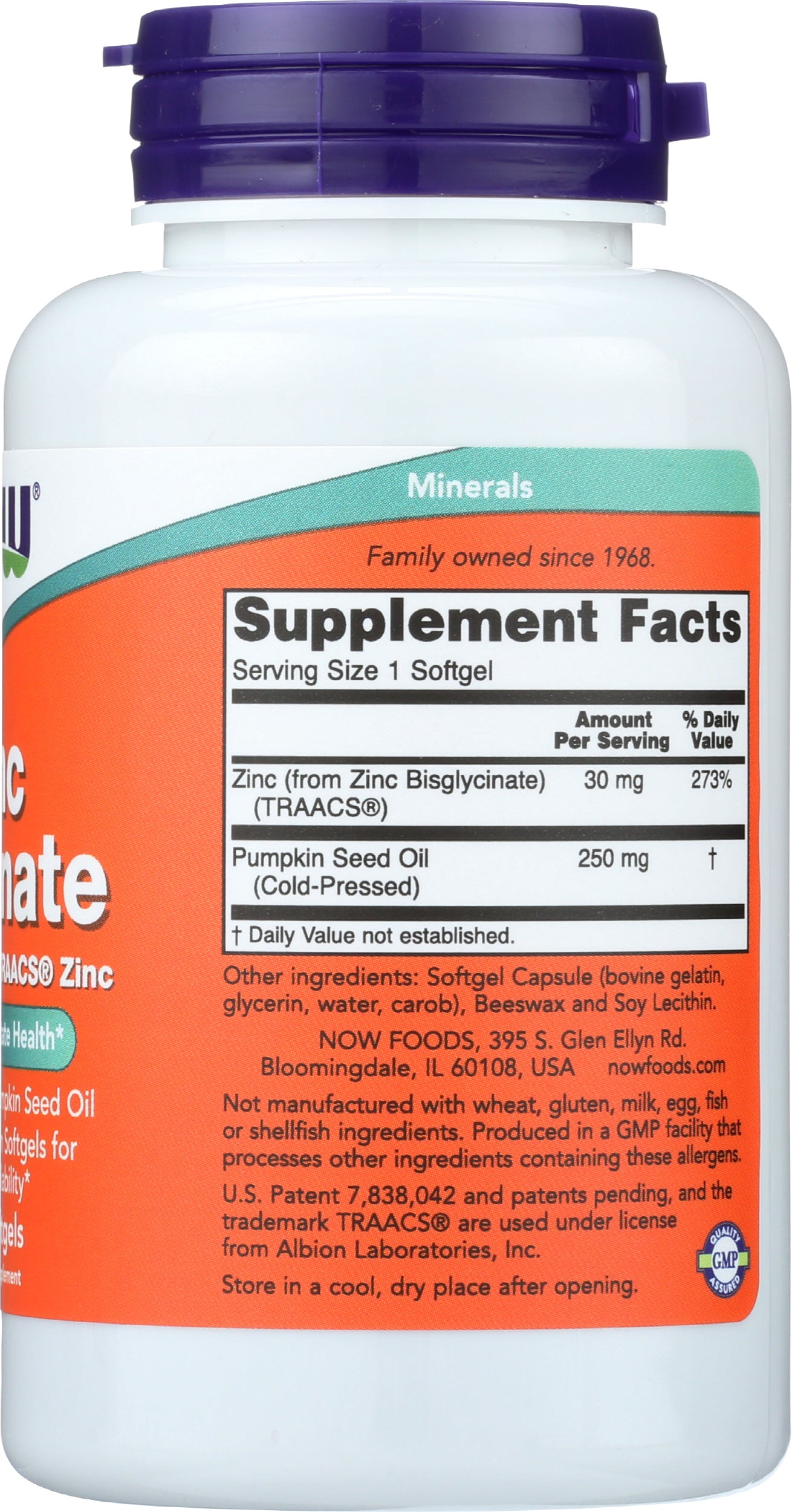 NOW Zinc Glycinate 120 Soft Gels Back of Bottle