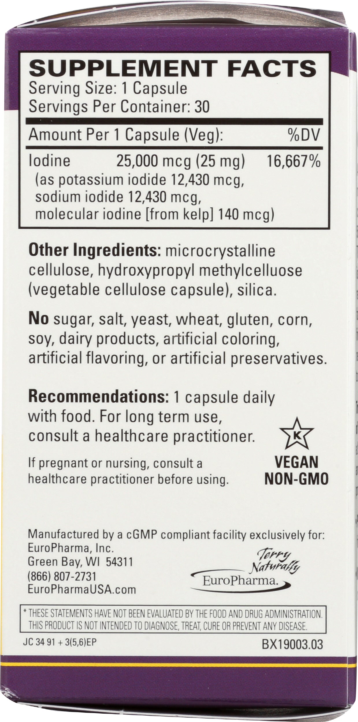 Terry Naturally Tri-Iodine 25mg 30 Capsules Back of Box