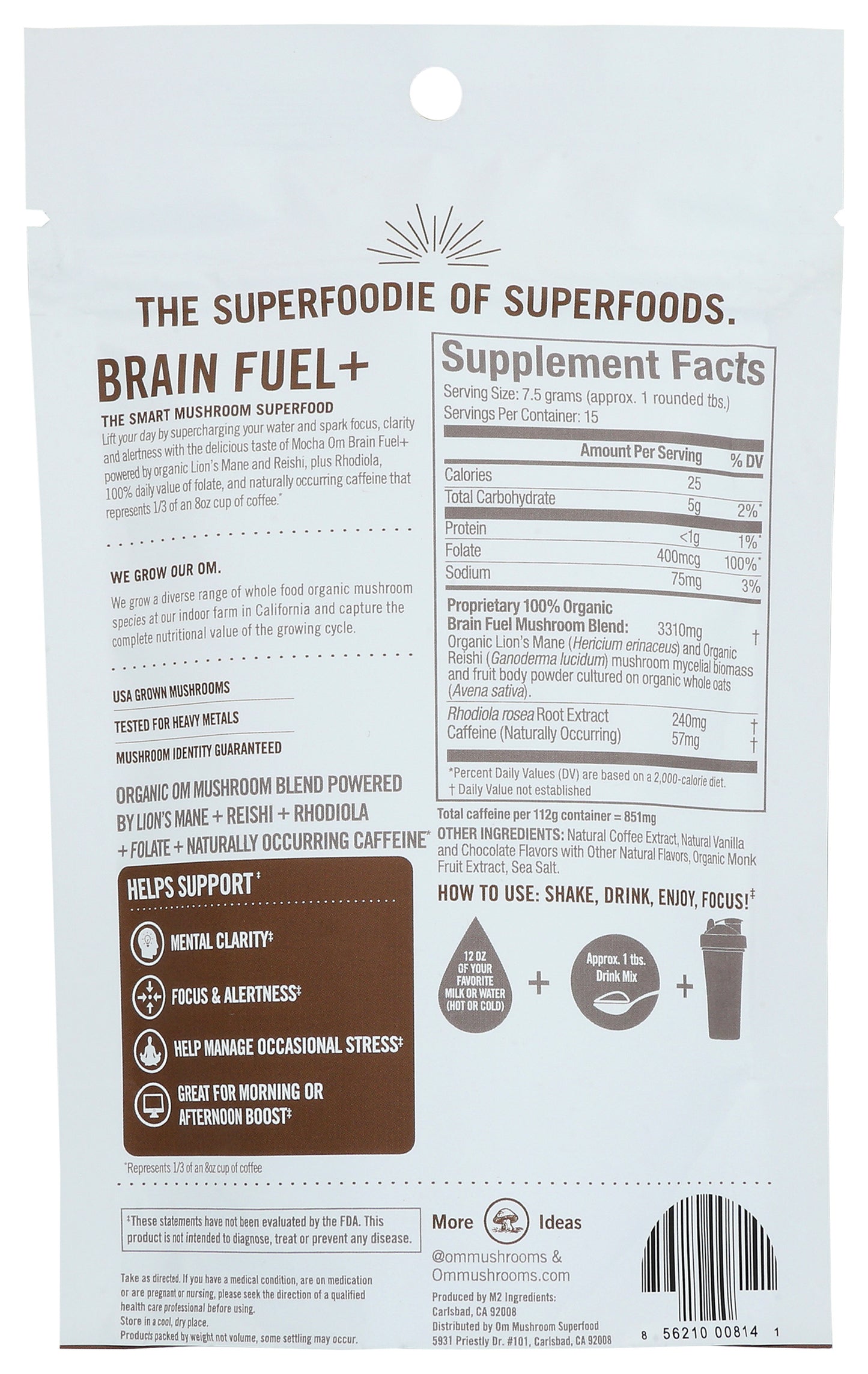 Om Brain Fuel+ Powder 4oz Back of Bag