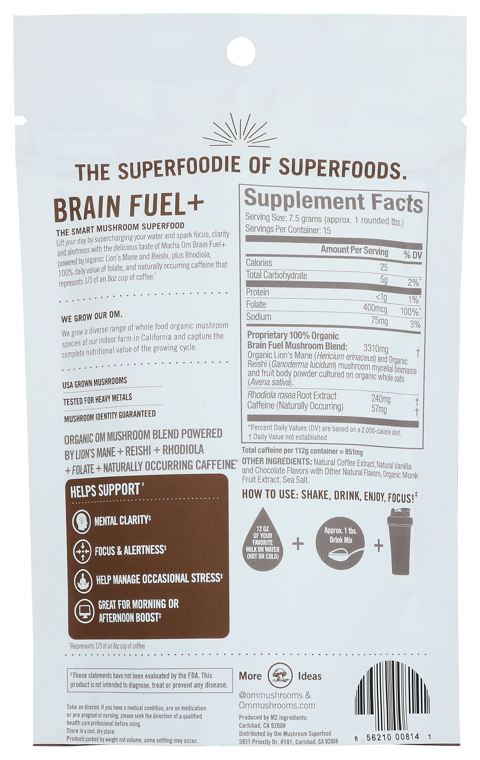 Om Brain Fuel+ Powder 4oz Back of Bag