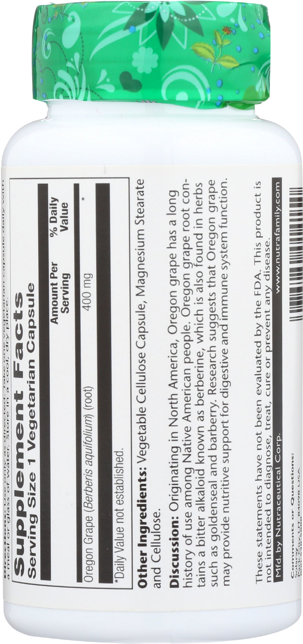 Solaray Oregon Grape 400 mg 100 VegCaps Back of Bottle